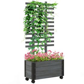 Outsunny Raised Garden Bed Portable on Wheels, Gray Wooden, Outdoor with Trellis & Metal Corners