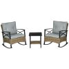 Outsunny Rocking Bistro Set 3PC Wicker Outdoor Furniture with Rocker Chairs Cushions Coffee Table Light Grey