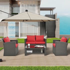 Patio Furniture, Outdoor Furniture, Seasonal PE Wicker Furniture, Four Set Wicker Furniture With Black Tempered Glass Coffee Table