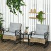 Outsunny Rocking Bistro Set 3PC Wicker Outdoor Furniture with Rocker Chairs Cushions Coffee Table Light Grey